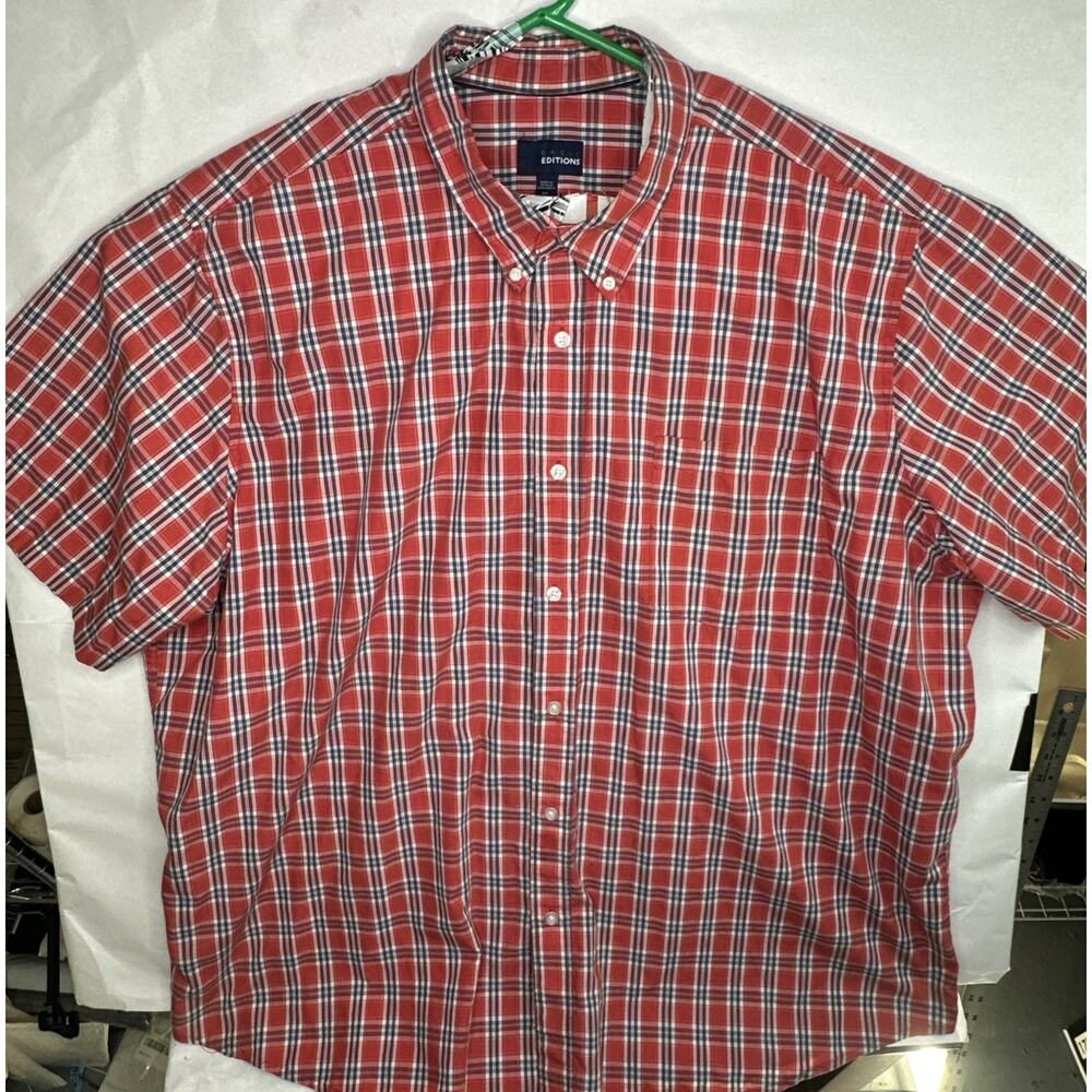 Basic Editions Mens Button Up Shirt Short Sleeve Red Plaid Pocket Size 3XL